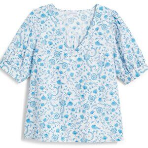 Draper James White Blue Floral Puff Sleeve‎ Peasant Top